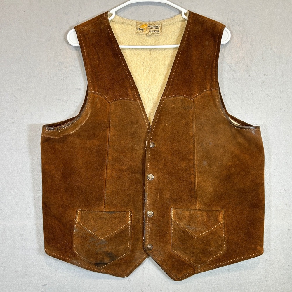 Vintage Simco Vest Mens Size 44 Brown Suede Leather Western Faux Shearling Lined